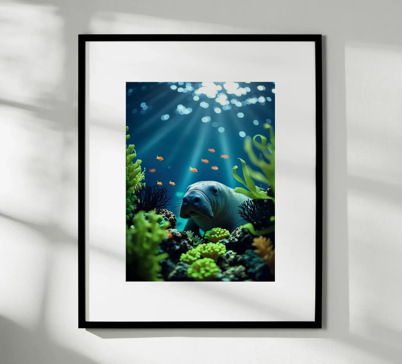 ✨🪸 Sanftes Glühen ✦ Seekuh in Korallenträumen 🌙 Poster mit Aluminium Rahmen von LUMAQUA STUDIO