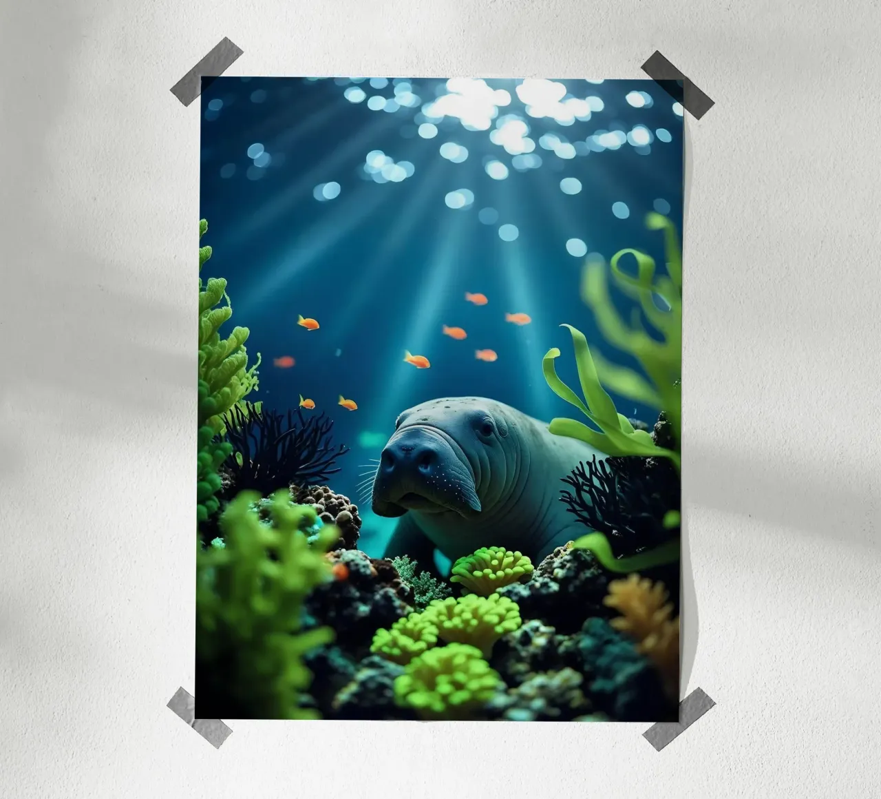 ✨🪸 Sanftes Glühen ✦ Seekuh in Korallenträumen 🌙 Poster mit Aluminium Rahmen von LUMAQUA STUDIO