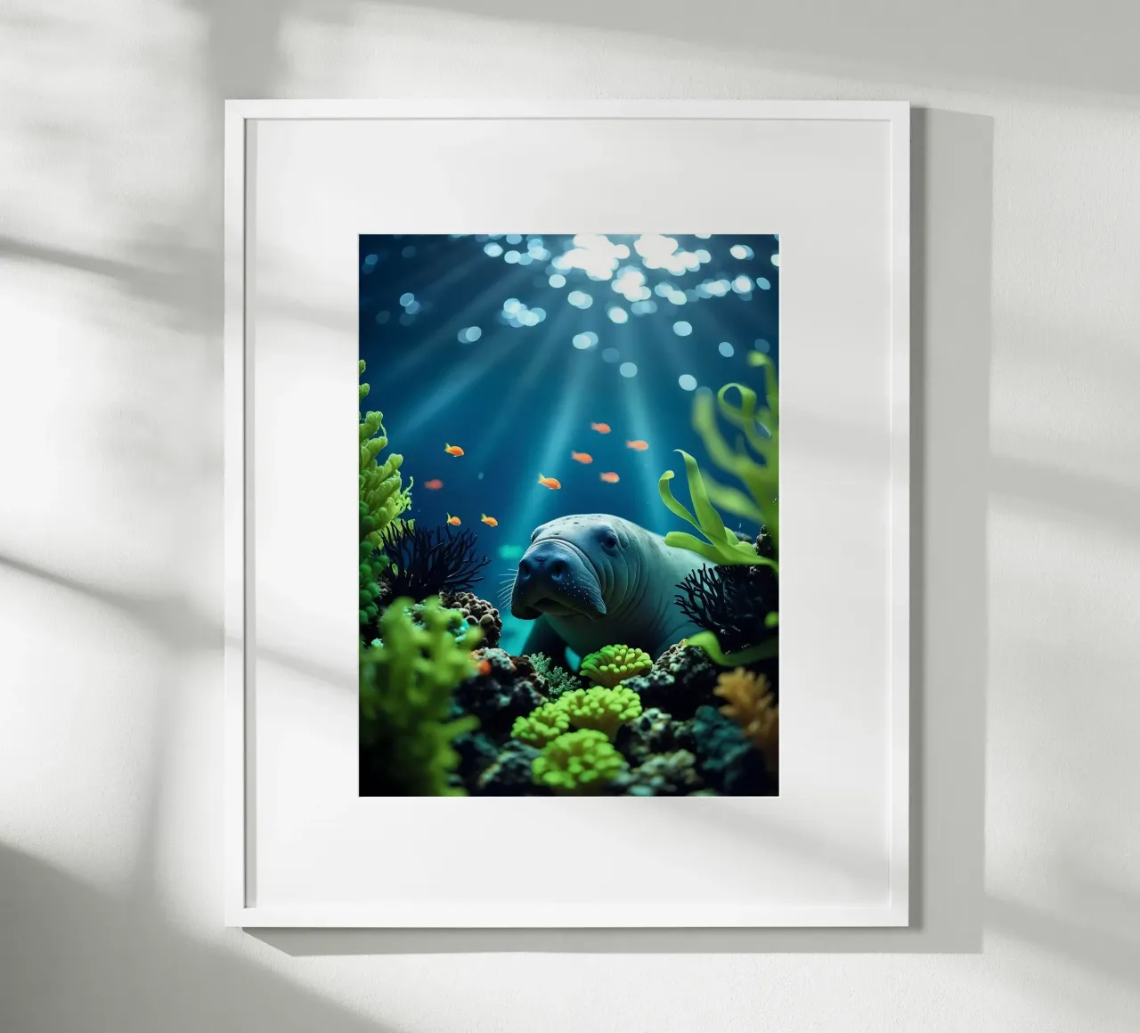 ✨🪸 Sanftes Glühen ✦ Seekuh in Korallenträumen 🌙 Poster mit Aluminium Rahmen von LUMAQUA STUDIO