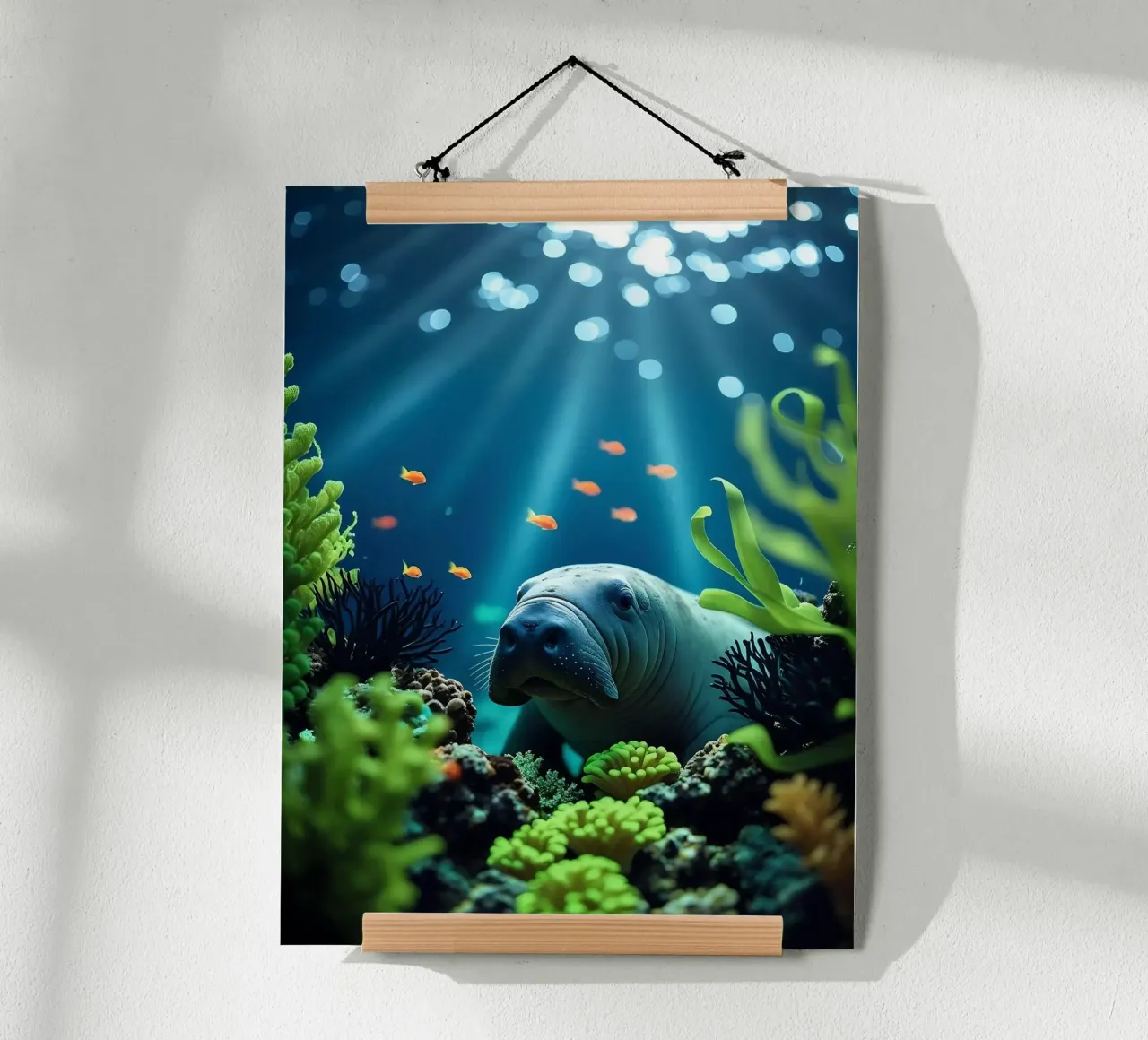 ✨🪸 Sanftes Glühen ✦ Seekuh in Korallenträumen 🌙 Poster mit Aluminium Rahmen von LUMAQUA STUDIO