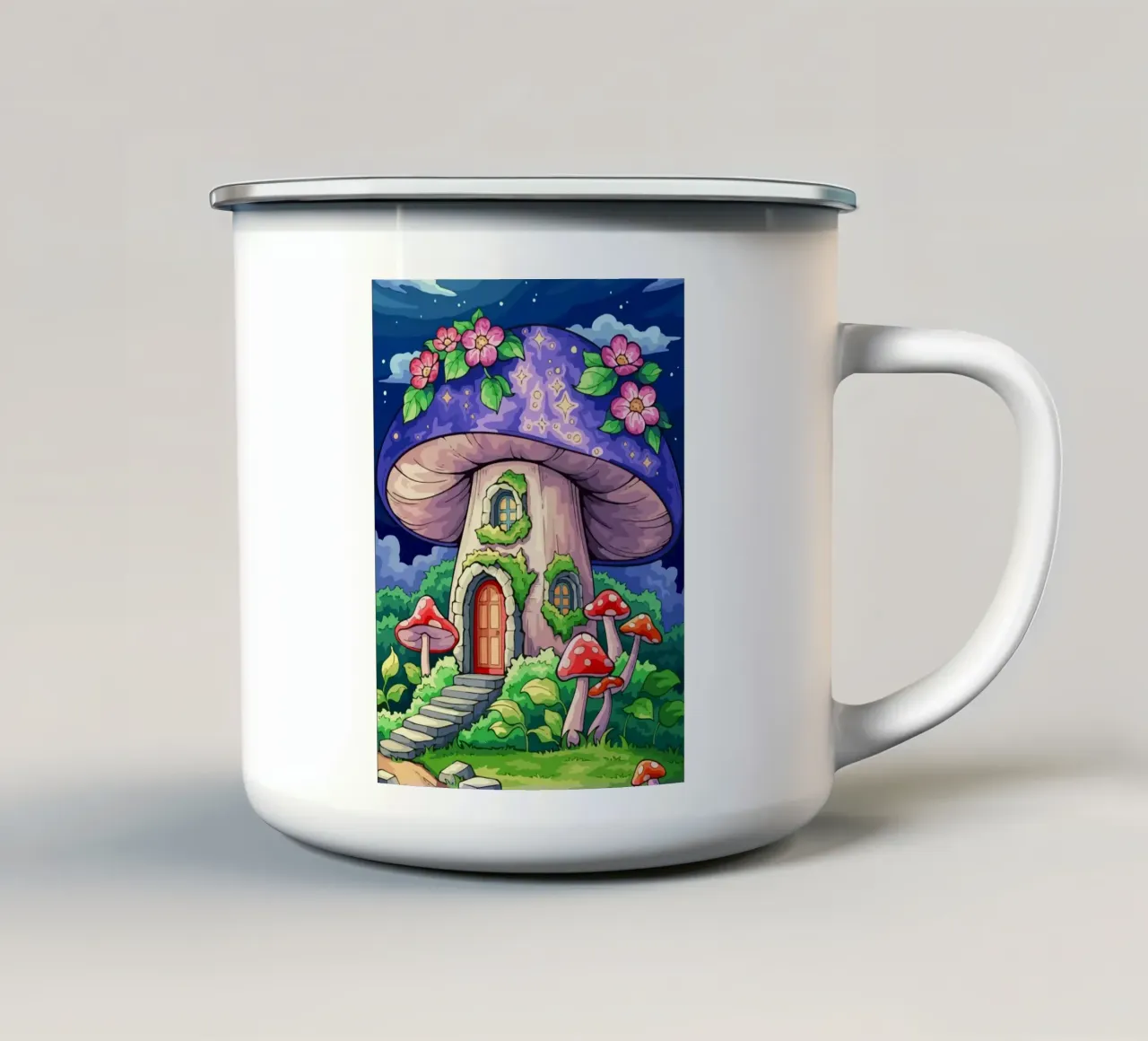 mushroom house tazza in smalto da Dumery Art