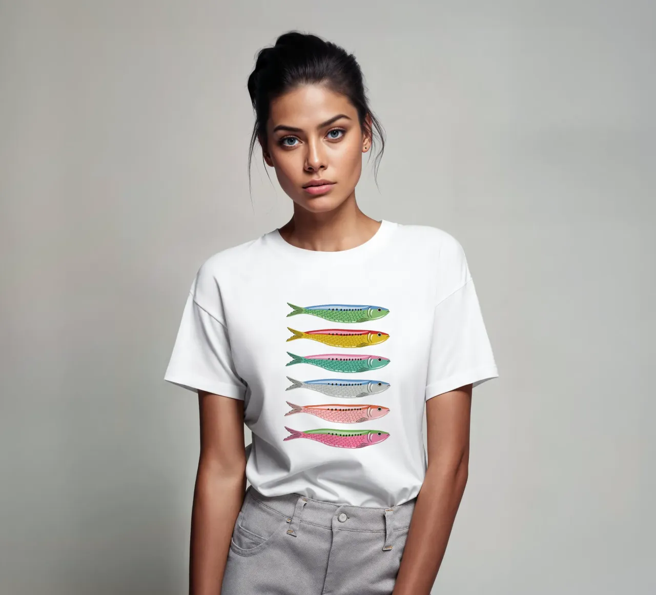Rainbow coloured sardines t-shirt da Vivdesign