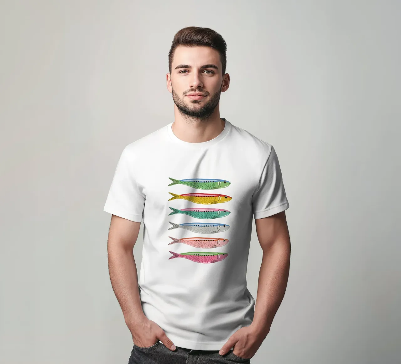 Rainbow coloured sardines t-shirt da Vivdesign