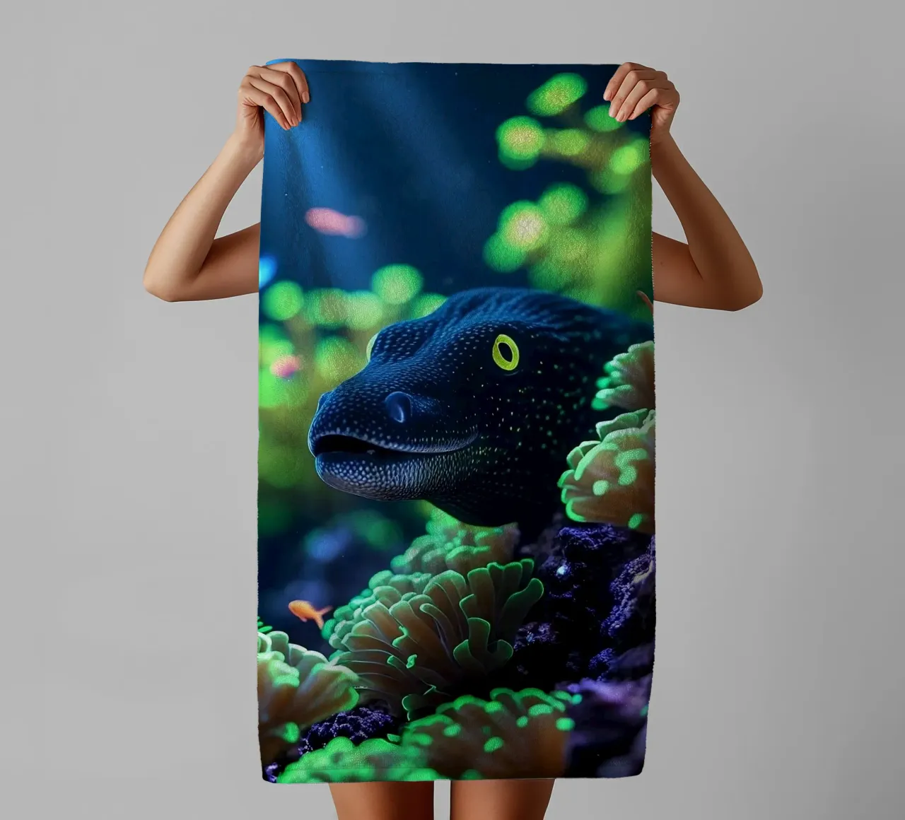 ✨🪸 Lurking Light ✦ Moray Eel in the Glow Garden 🌙 towel by LUMAQUA STUDIO