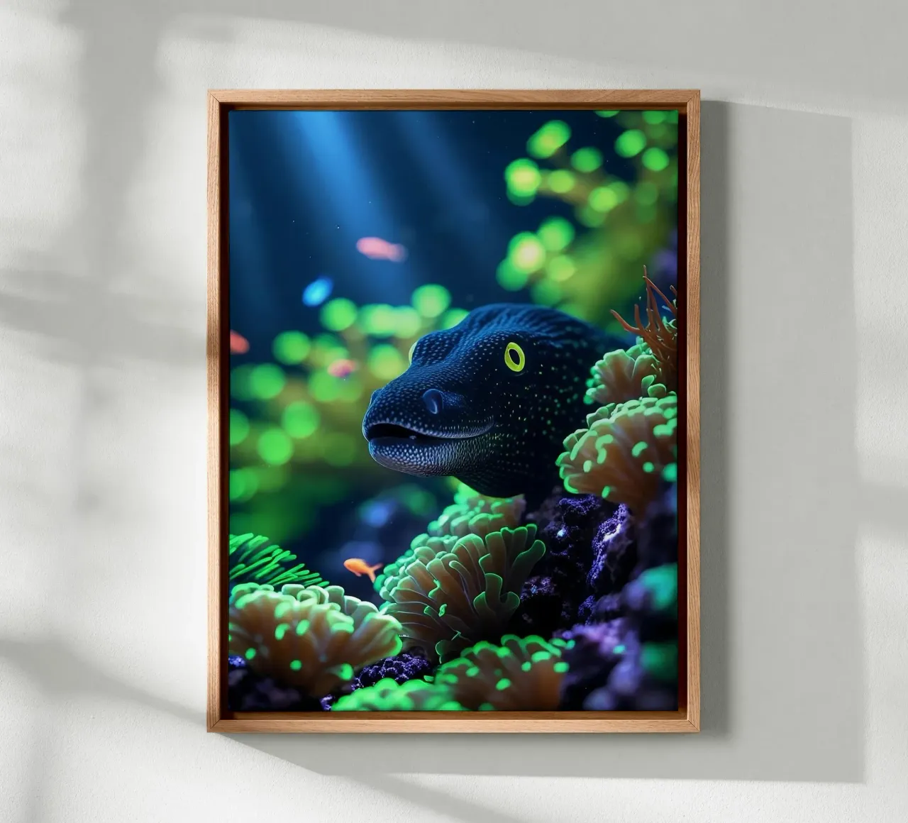 ✨🪸 Lauerndes Licht ✦ Muräne im Glühgarten 🌙 Leinwand mit Schattenfugenrahmen von LUMAQUA STUDIO