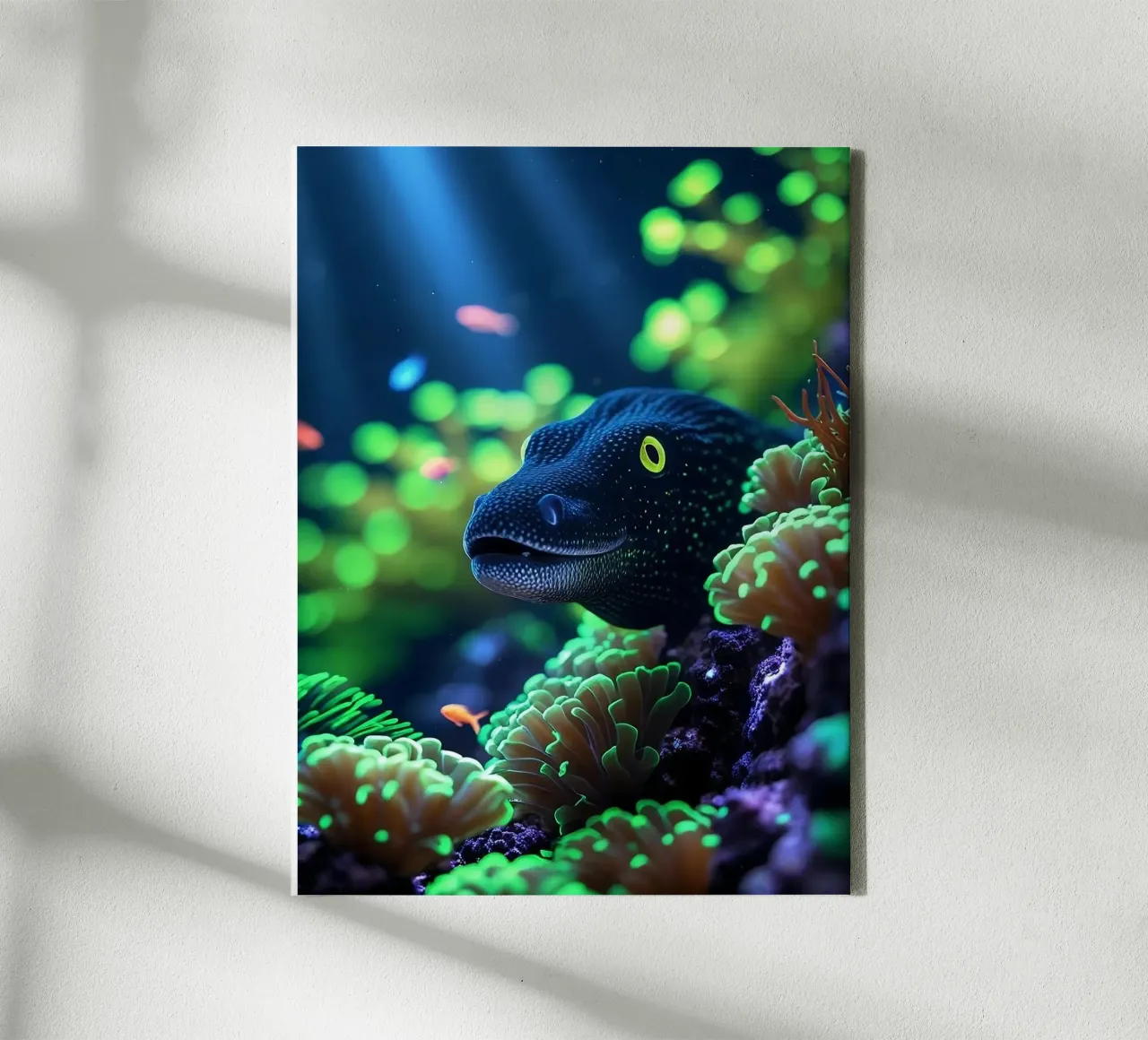 ✨🪸 Lauerndes Licht ✦ Muräne im Glühgarten 🌙 Leinwand mit Schattenfugenrahmen von LUMAQUA STUDIO
