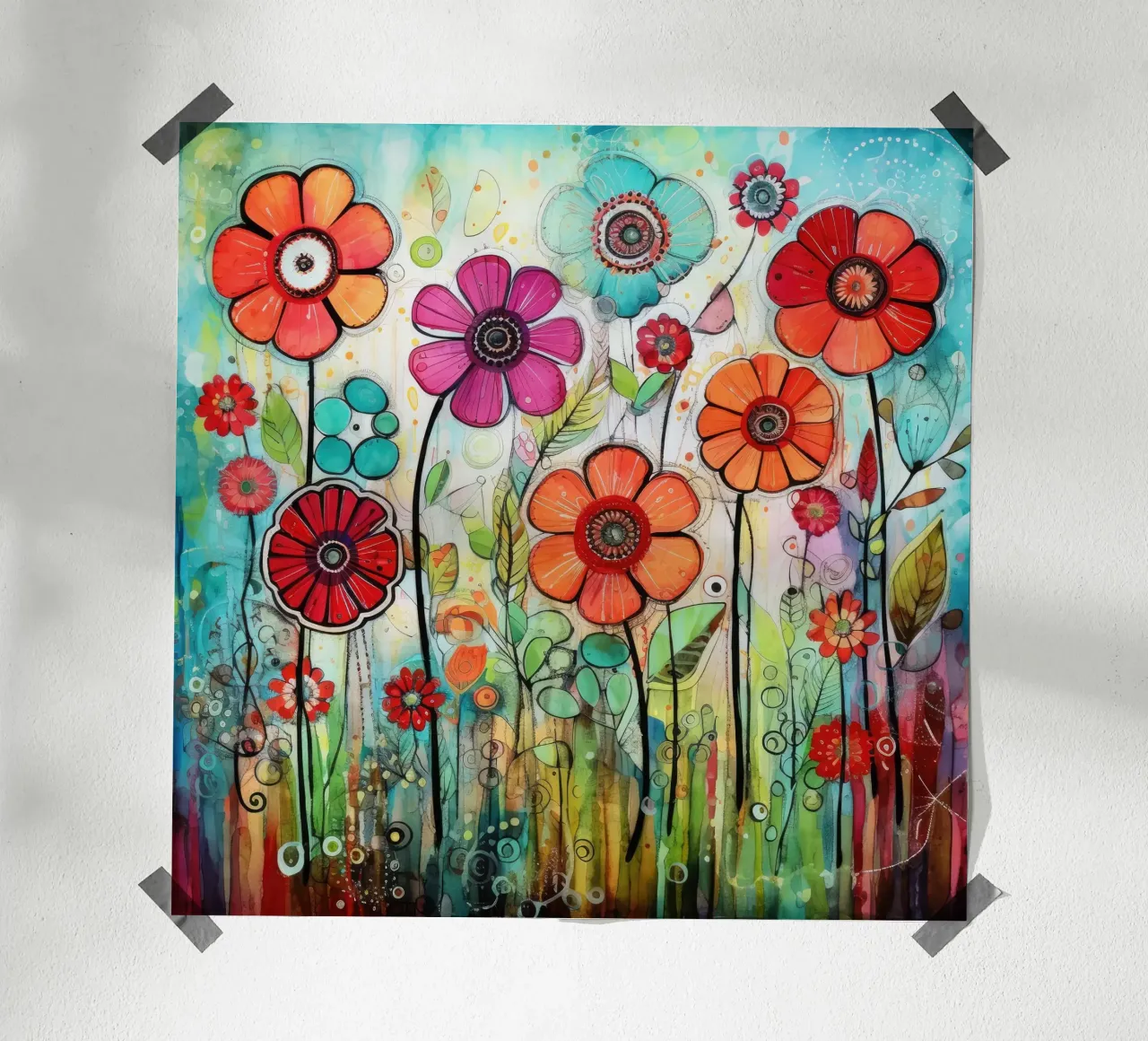 Fioriture colorate in giardino poster con telaio in legno da Botanical Pattern House