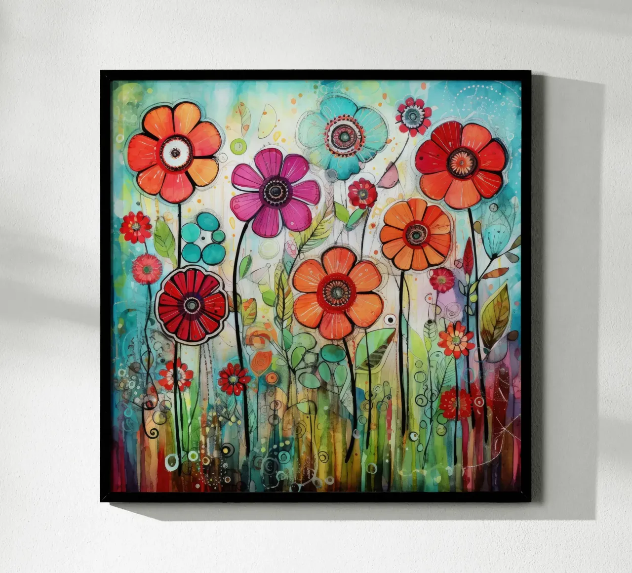 Fioriture colorate in giardino poster con telaio in legno da Botanical Pattern House