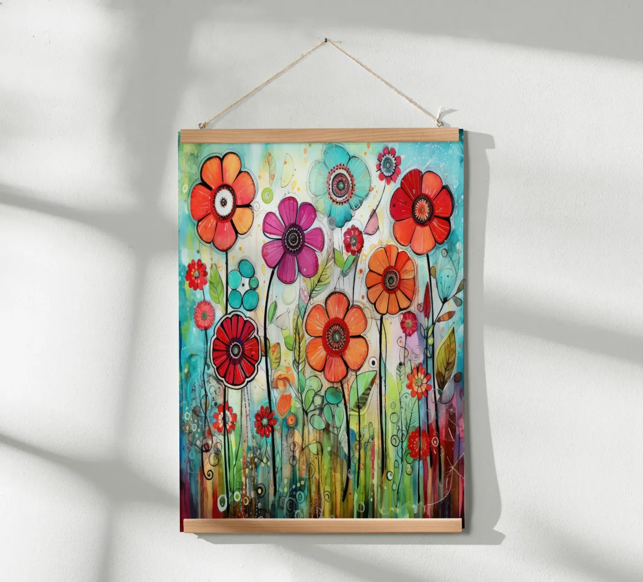 Fioriture colorate in giardino poster con telaio in legno da Botanical Pattern House