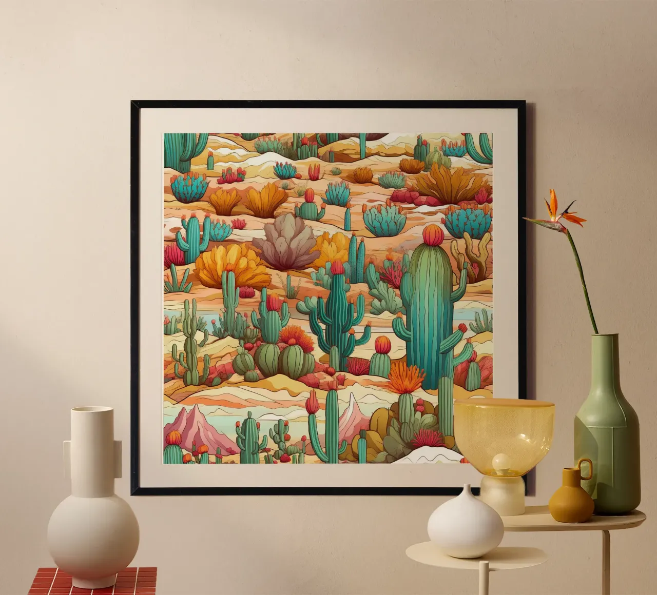 Sogno dell'oasi del deserto poster con telaio in plastica da Botanical Pattern House