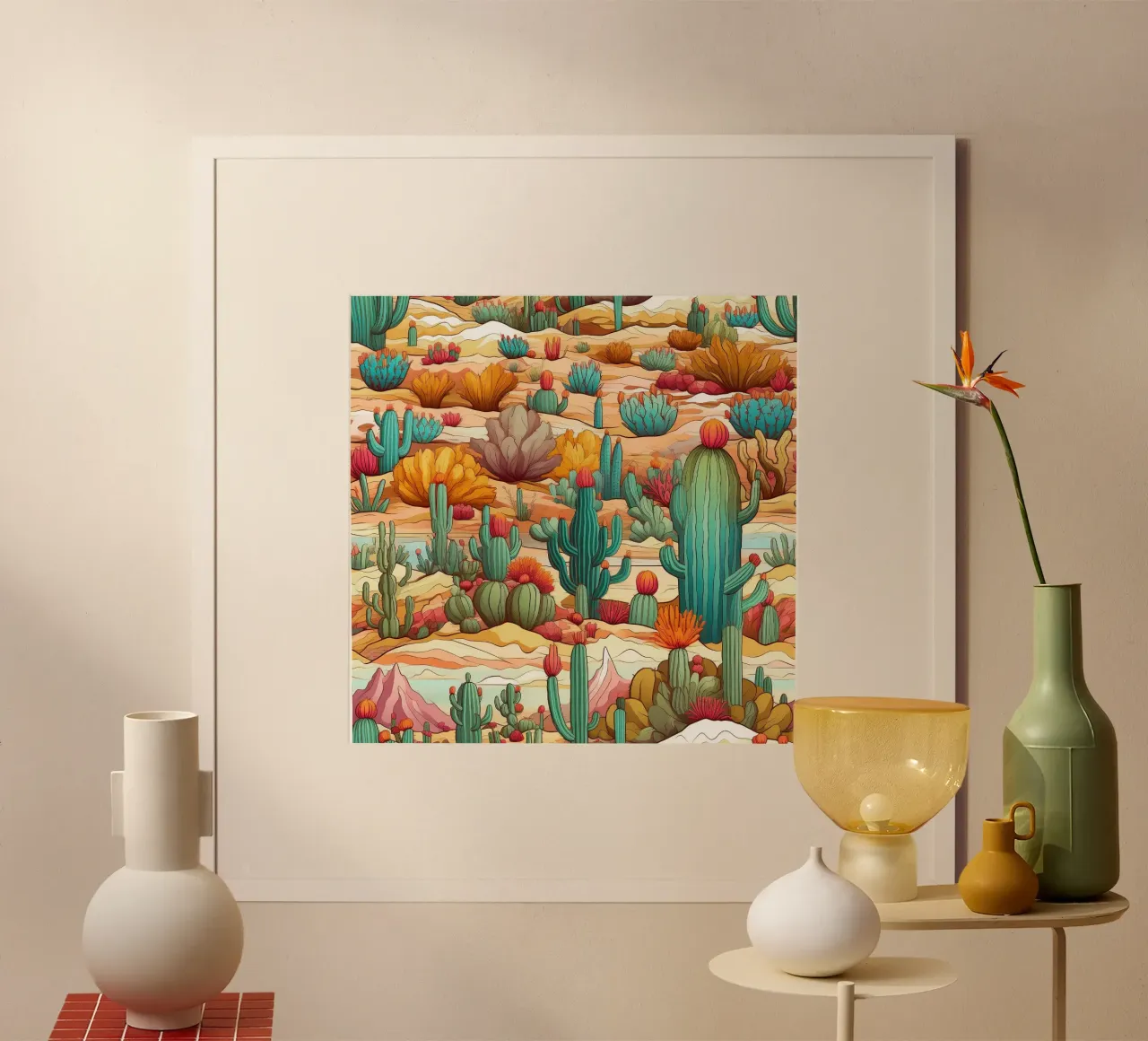 Sogno dell'oasi del deserto poster con telaio in plastica da Botanical Pattern House