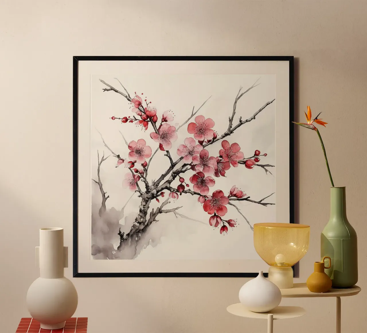 Inchiostro Rami di ciliegio in fiore poster con telaio in plastica da Botanical Pattern House