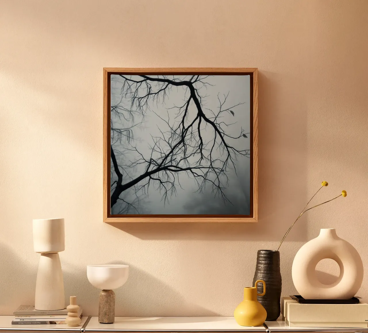 Bare Tree Branches Against Overcast Sky canvas with Floater frame by DesignDoodle