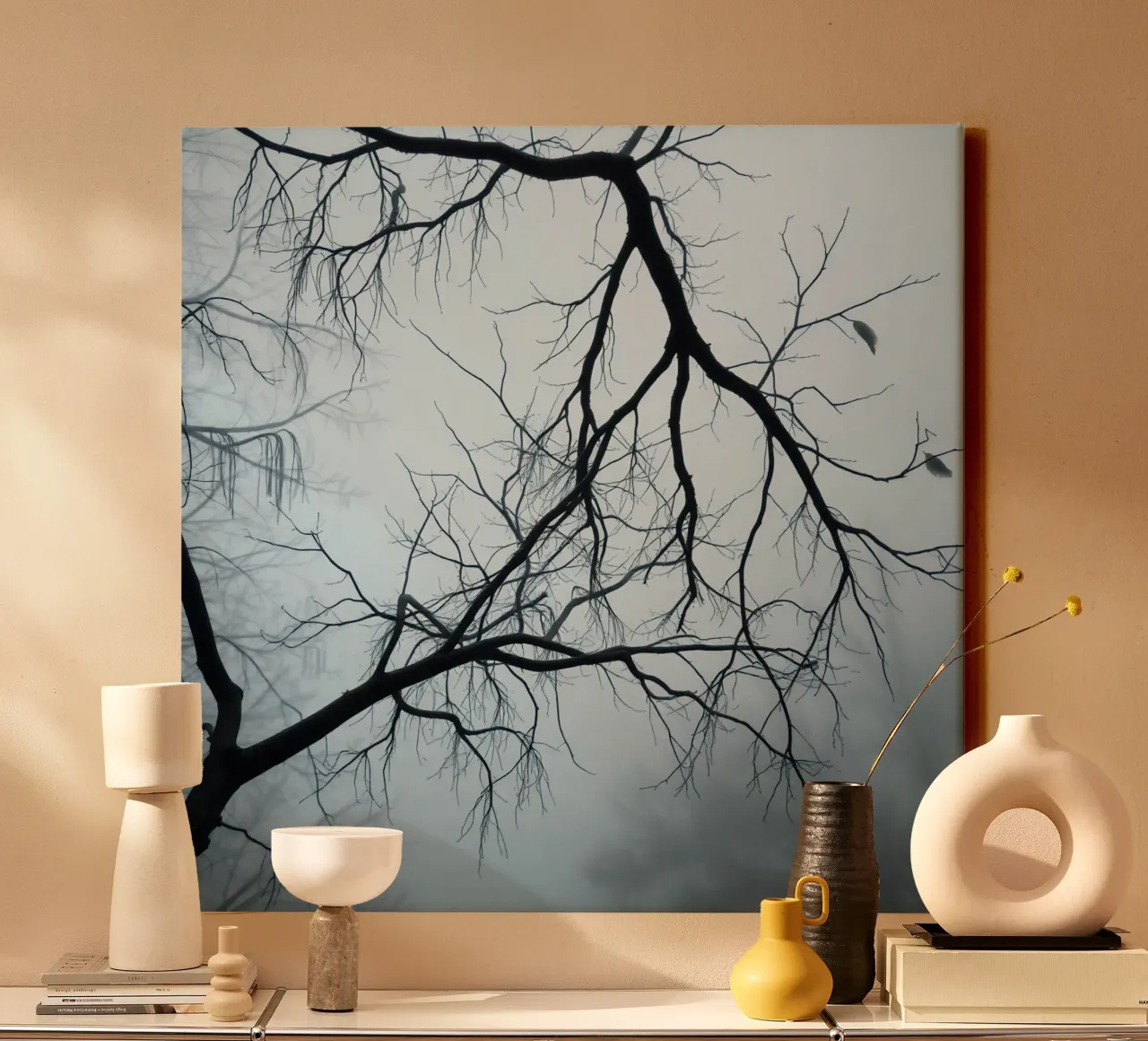 Bare Tree Branches Against Overcast Sky canvas with Floater frame by DesignDoodle