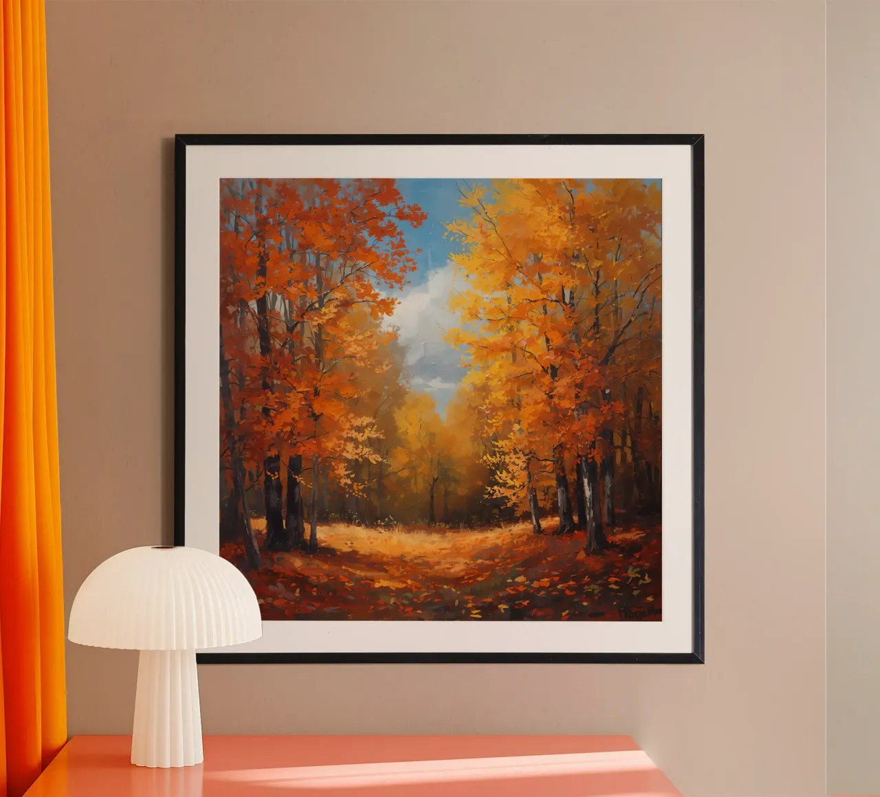 Paesaggio forestale d'autunno poster con telaio in legno da DesignDoodle