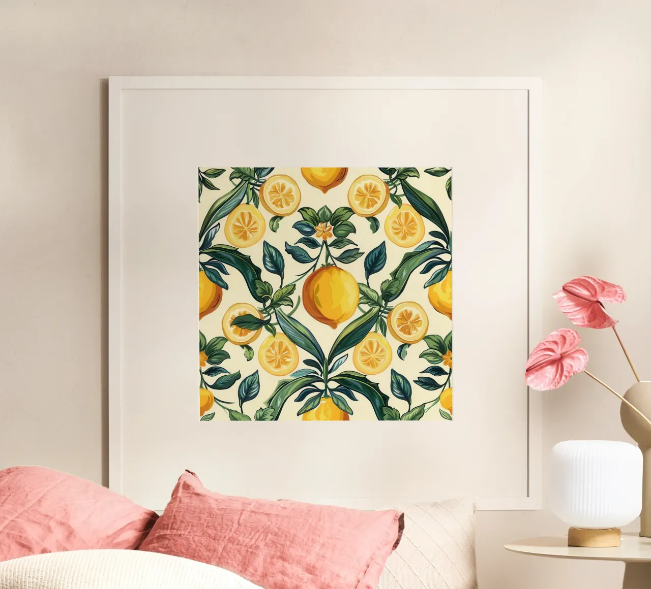 Piastrelle mediterranee agli agrumi Amalfi Fresh poster con telaio in plastica da Botanical Pattern House