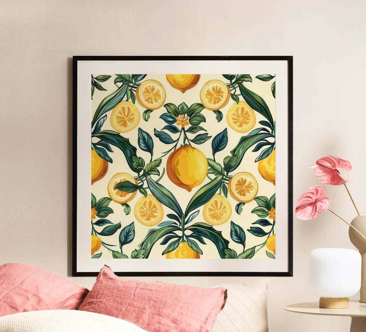 Piastrelle mediterranee agli agrumi Amalfi Fresh poster con telaio in plastica da Botanical Pattern House