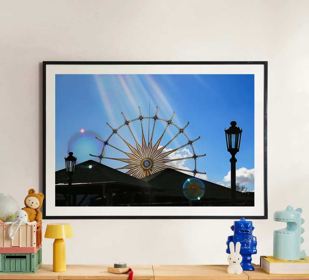Stadsdroomlandschap - Reuzenrad met zonlicht & bubbels poster met aluminium frame van jay