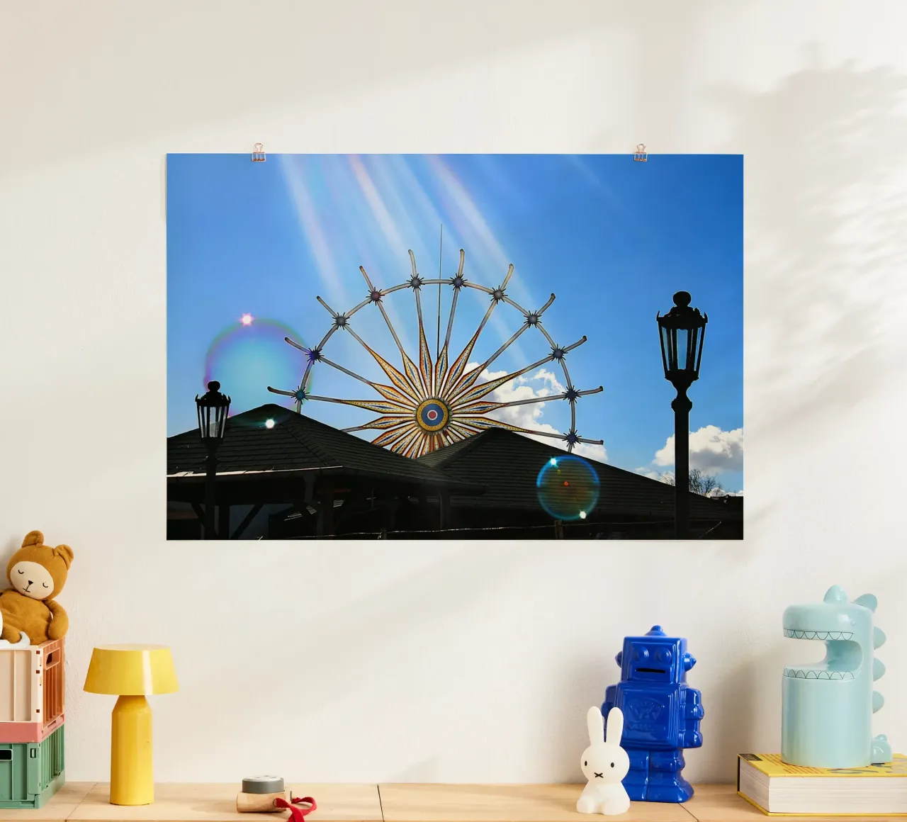 Stadsdroomlandschap - Reuzenrad met zonlicht & bubbels poster met aluminium frame van jay