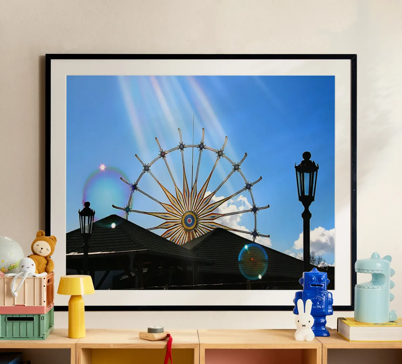 Stadsdroomlandschap - Reuzenrad met zonlicht & bubbels poster met aluminium frame van jay