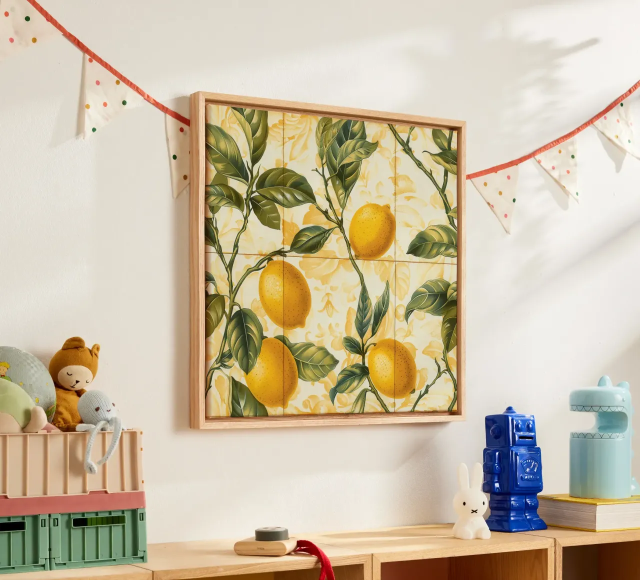 Mediterranean Citrus Tiles Baroque Lemon canvas with Floater frame by Botanical Pattern House