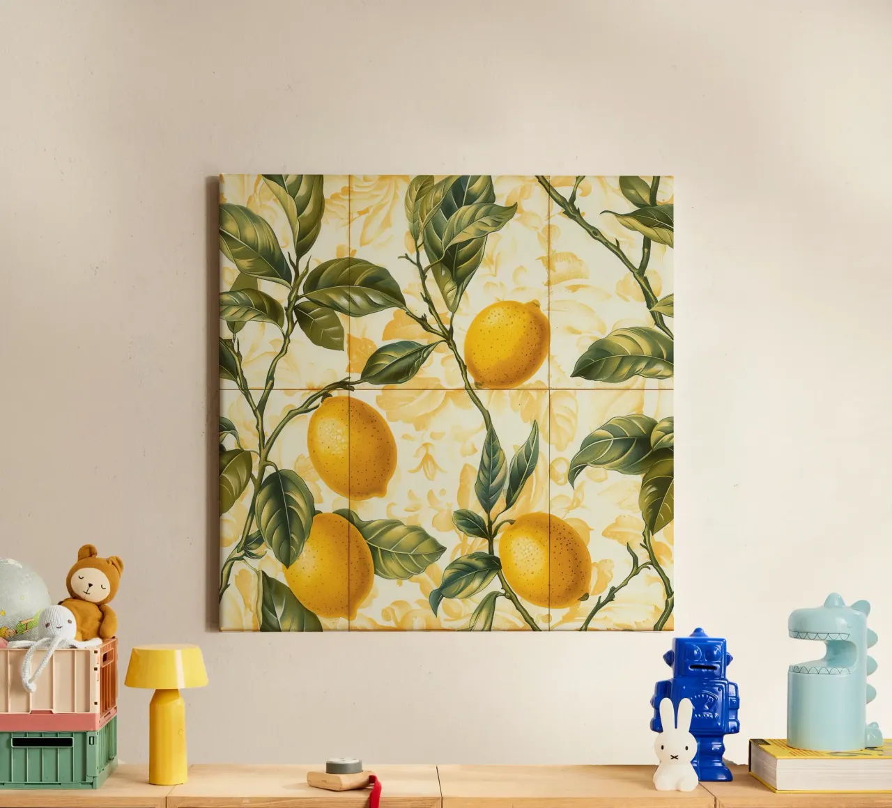 Mediterranean Citrus Tiles Baroque Lemon canvas with Floater frame by Botanical Pattern House