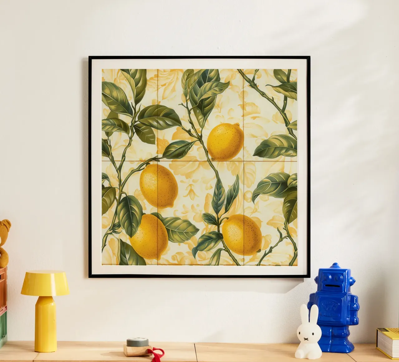 Piastrelle mediterranee agli agrumi Limone barocco poster con telaio in plastica da Botanical Pattern House