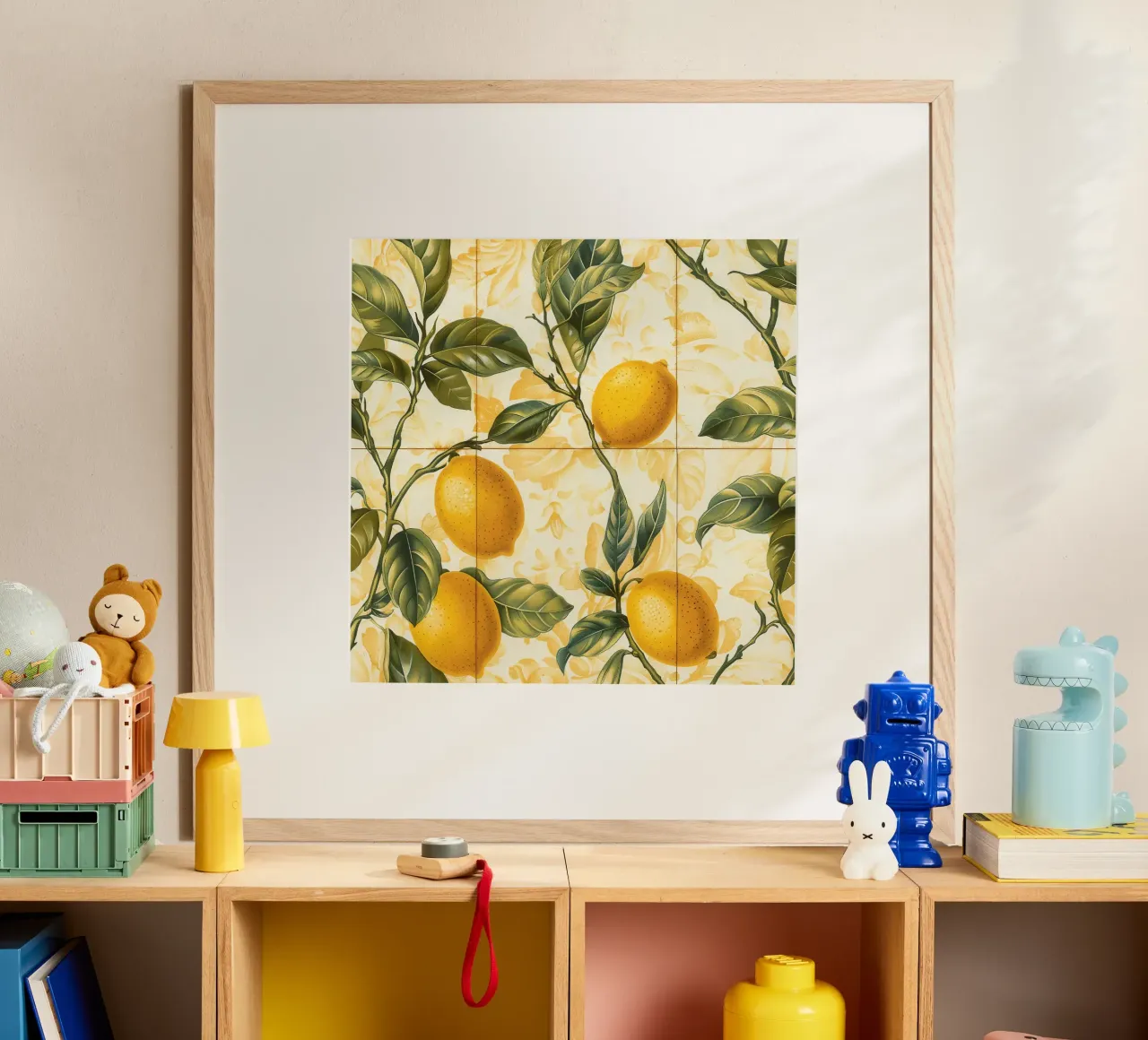 Piastrelle mediterranee agli agrumi Limone barocco poster con telaio in plastica da Botanical Pattern House