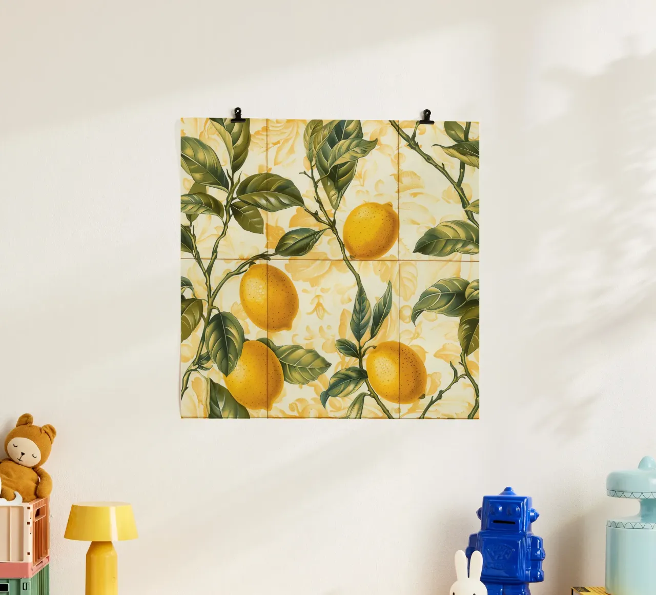 Piastrelle mediterranee agli agrumi Limone barocco poster con telaio in plastica da Botanical Pattern House