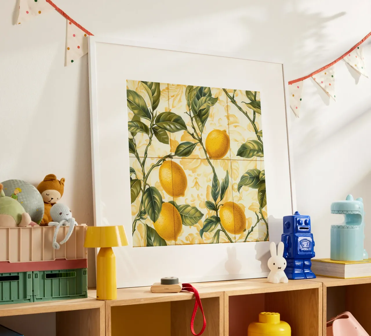 Piastrelle mediterranee agli agrumi Limone barocco poster con telaio in plastica da Botanical Pattern House