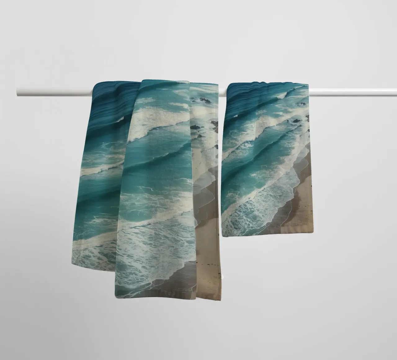 Aerial View of Sandy Beach Ocean Waves and Coastal Cliffs towel by DesignDoodle