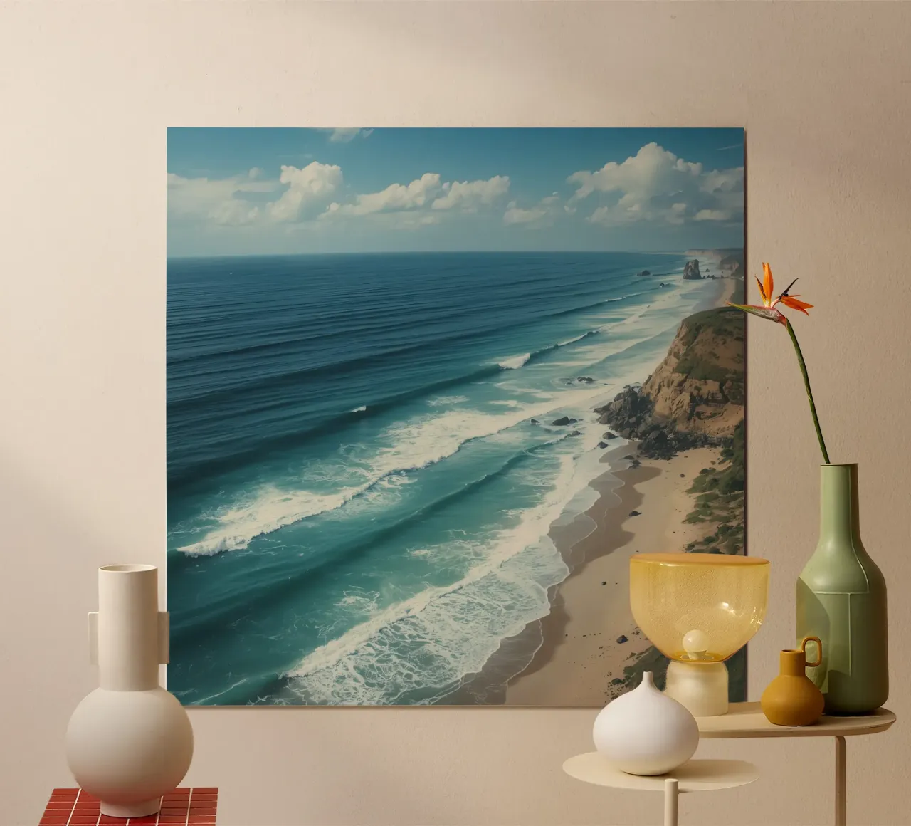 Luftaufnahme von Sandstrand, Ozeanwellen und Küstenklippen Poster von DesignDoodle