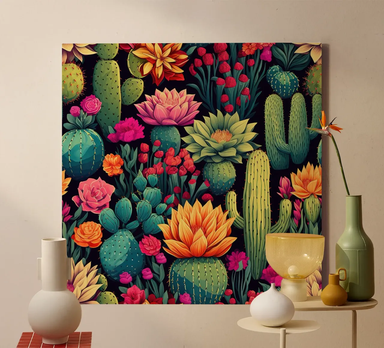Fiore di cactus di mezzanotte tela con Cornice a cassetta da Botanical Pattern House