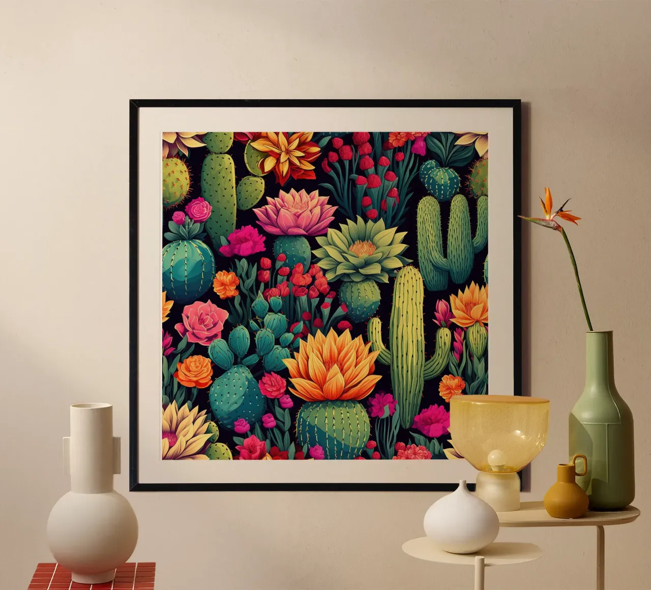 Fiore di cactus di mezzanotte poster con telaio in alluminio da Botanical Pattern House
