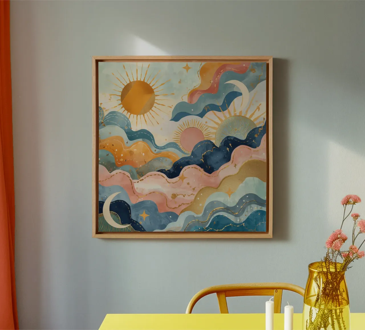 Abstract Watercolor Landscape with Suns Moon Stars and Waves canvas with Floater frame by DesignDoodle