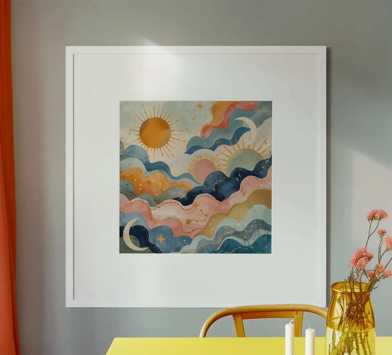 Paisaje abstracto en acuarela con soles, lunas, estrellas y olas poster con marco de aluminio de DesignDoodle