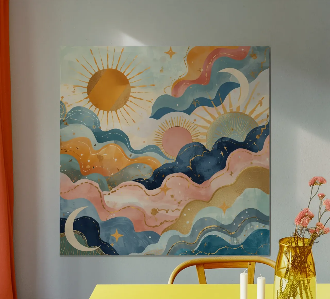 Paisaje abstracto en acuarela con soles, lunas, estrellas y olas poster con marco de aluminio de DesignDoodle