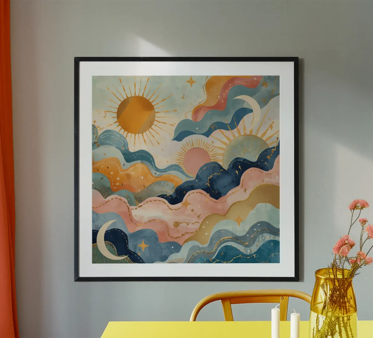 Paisaje abstracto en acuarela con soles, lunas, estrellas y olas poster con marco de aluminio de DesignDoodle