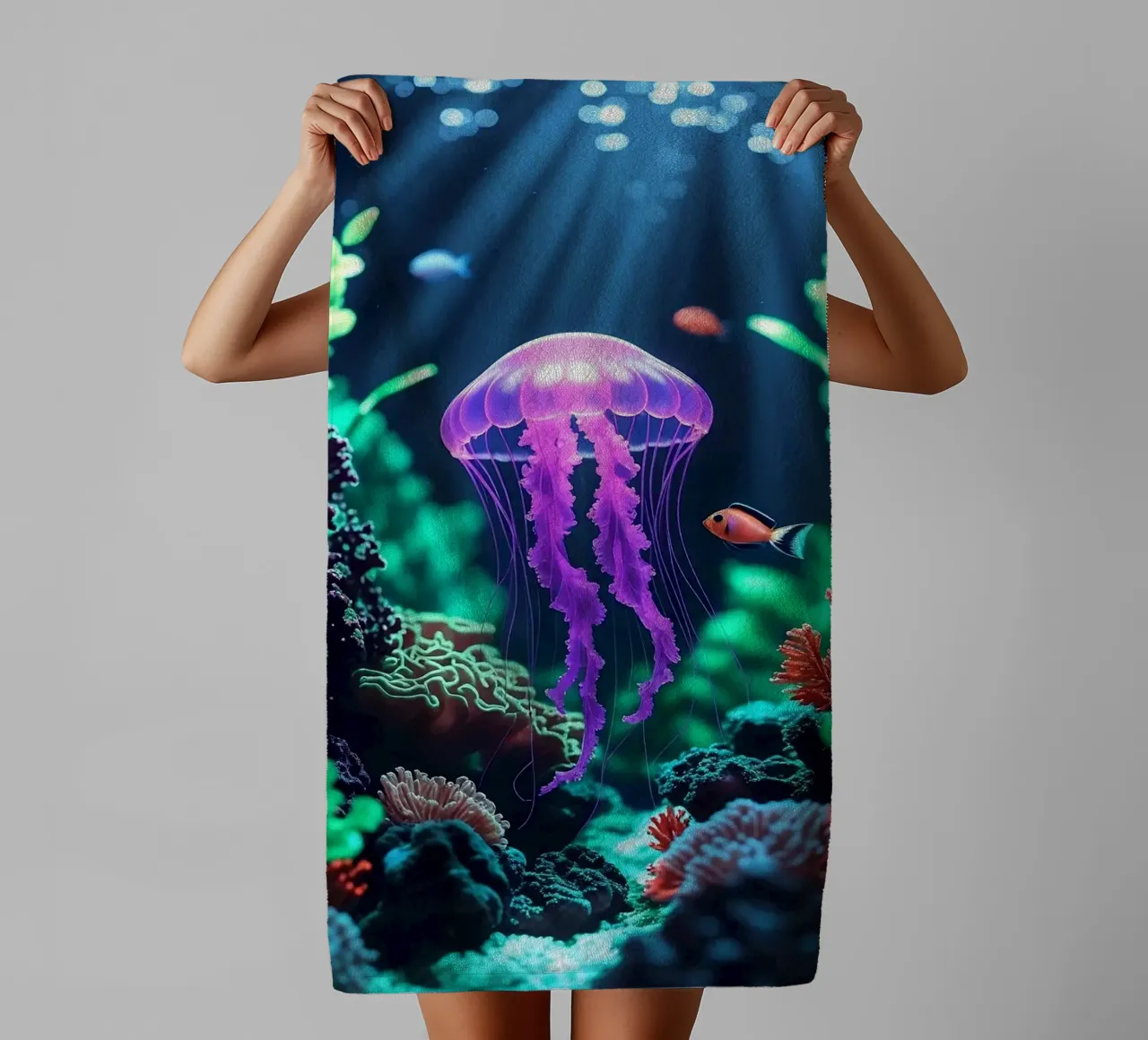 ✨🪼 Violet Pulse ✦ Purple Jellyfish in Coral Shadows 🌙 towel by LUMAQUA STUDIO