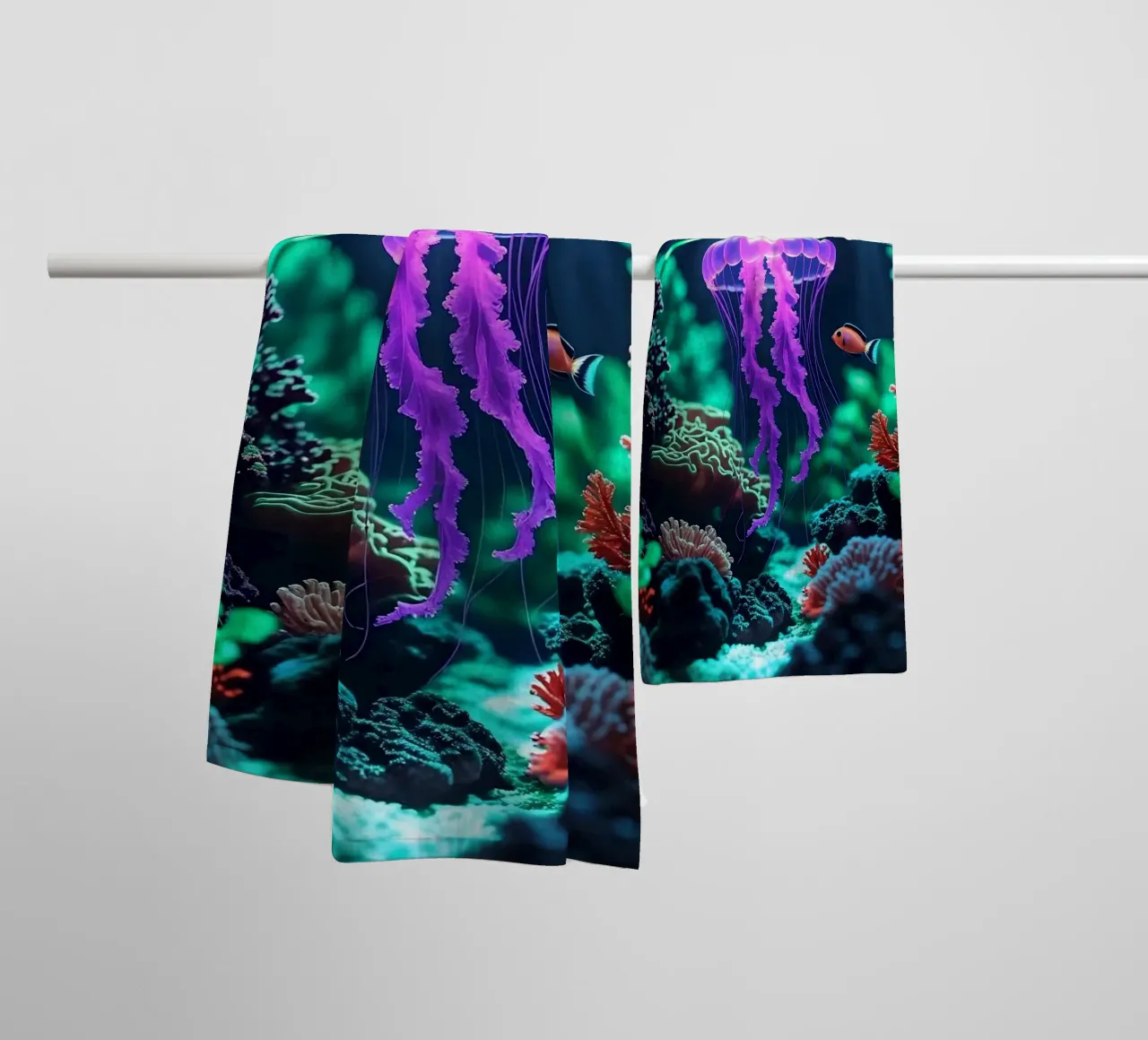 ✨🪼 Violet Pulse ✦ Purple Jellyfish in Coral Shadows 🌙 towel by LUMAQUA STUDIO