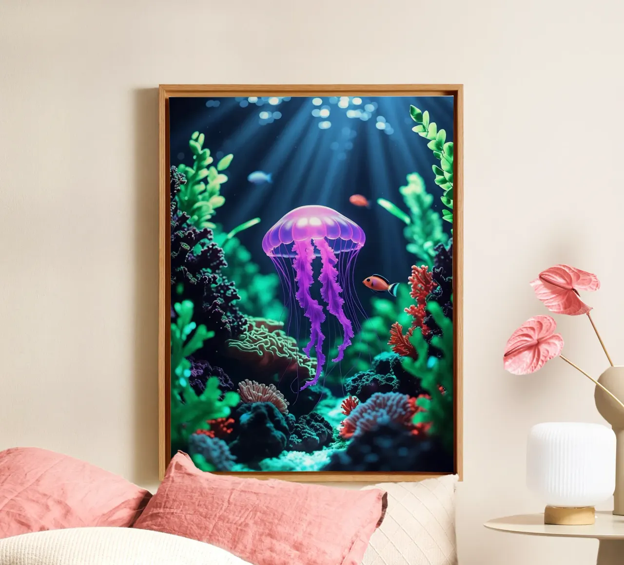 ✨🪼 Violet Pulse ✦ Purple Jellyfish in Coral Shadows 🌙 tela con Cornice a cassetta da LUMAQUA STUDIO