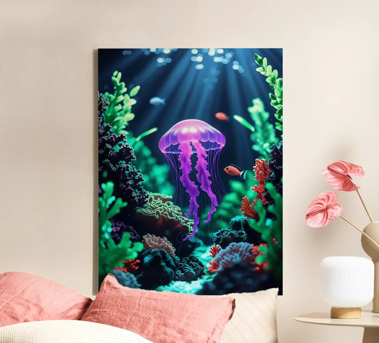 ✨🪼 Violet Pulse ✦ Purple Jellyfish in Coral Shadows 🌙 tela con Cornice a cassetta da LUMAQUA STUDIO