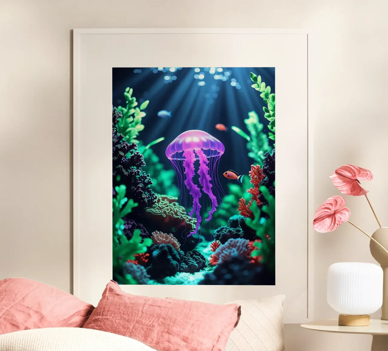 ✨🪼 Violet Pulse ✦ Purple Jellyfish in Coral Shadows 🌙 poster con telaio in alluminio da LUMAQUA STUDIO
