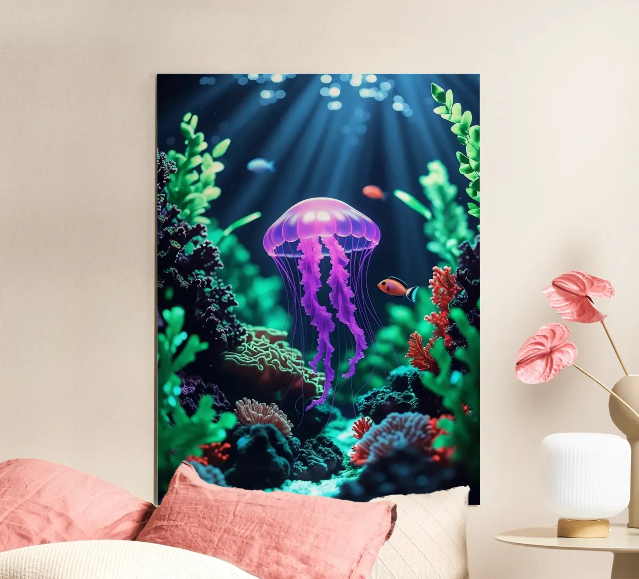 ✨🪼 Violet Pulse ✦ Purple Jellyfish in Coral Shadows 🌙 poster con telaio in alluminio da LUMAQUA STUDIO