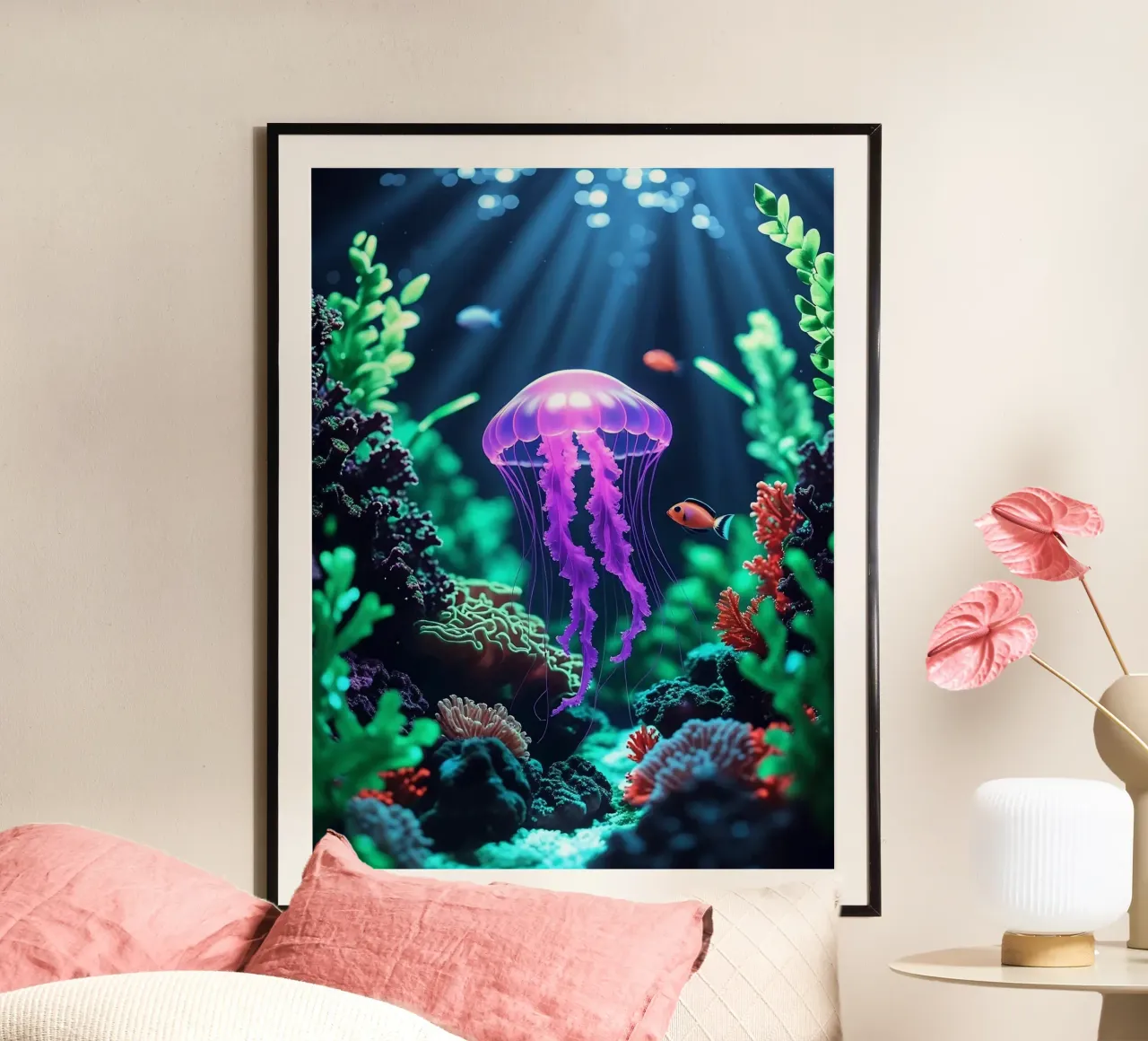 ✨🪼 Violet Pulse ✦ Purple Jellyfish in Coral Shadows 🌙 poster con telaio in alluminio da LUMAQUA STUDIO