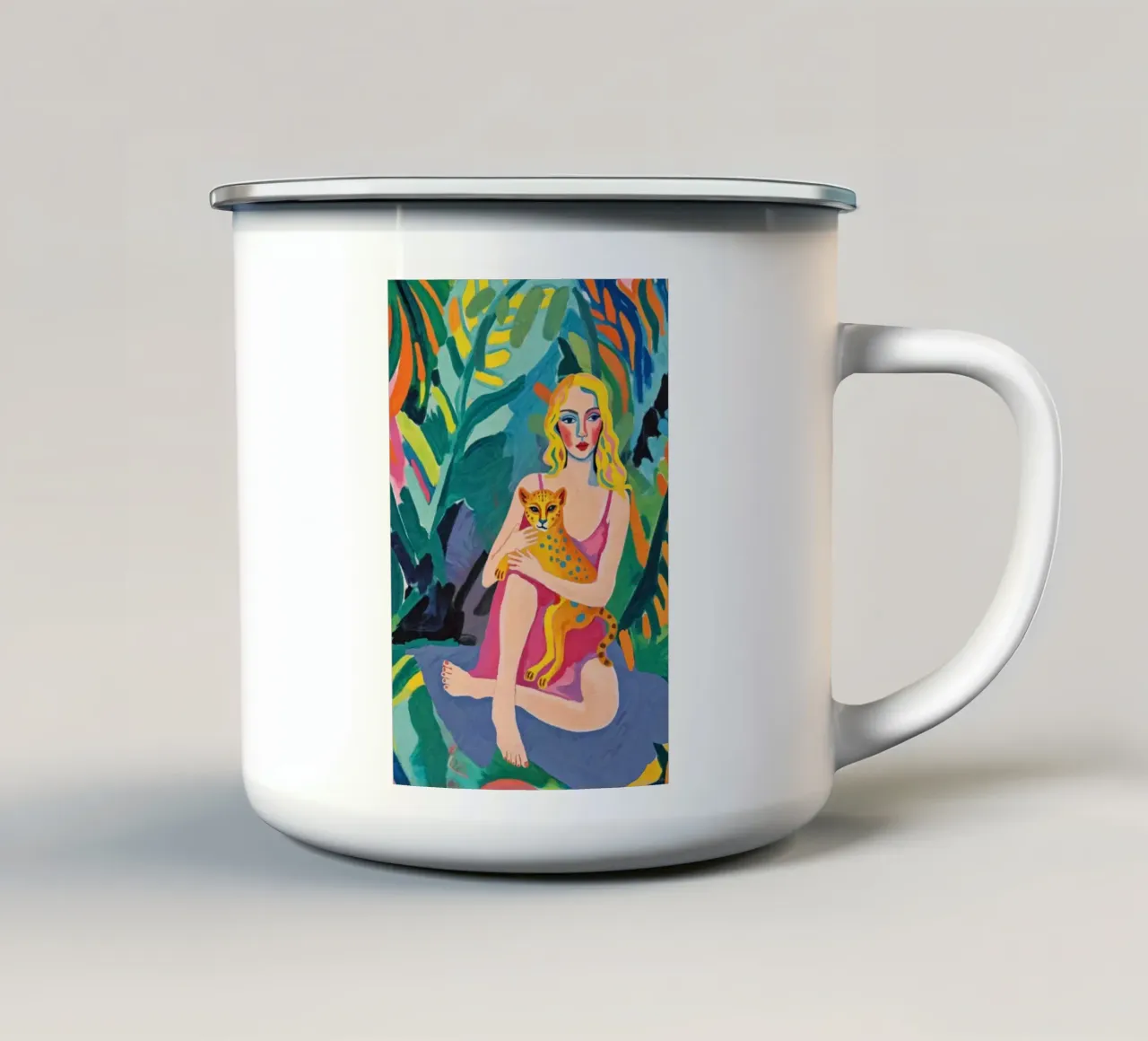 Pop Art colorata Donna e ghepardo nella giungla Pittura moderna tazza in smalto da Hecate Pim Designs