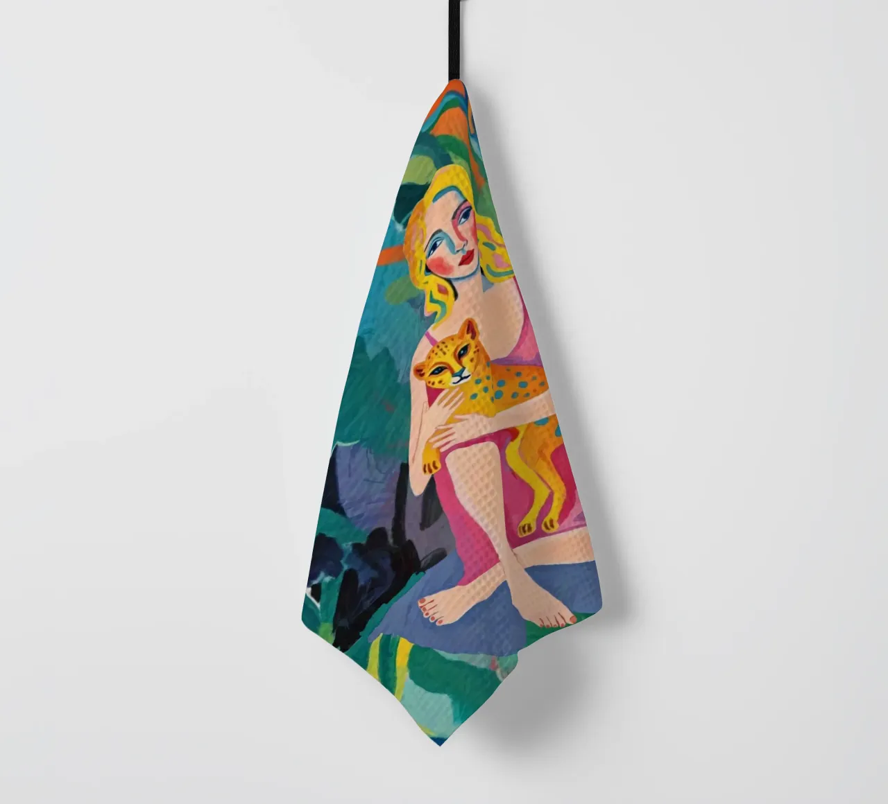 Peinture moderne Pop Art colorée Femme et guépard dans la jungle torchon de Hecate Pim Designs