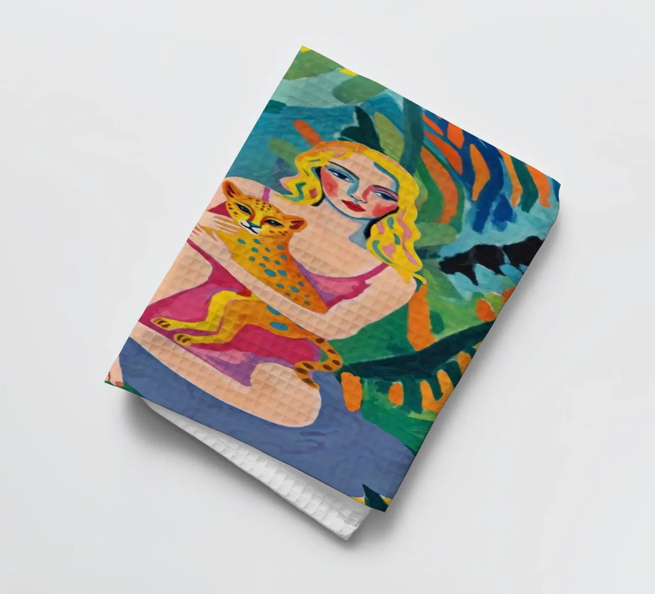 Peinture moderne Pop Art colorée Femme et guépard dans la jungle torchon de Hecate Pim Designs