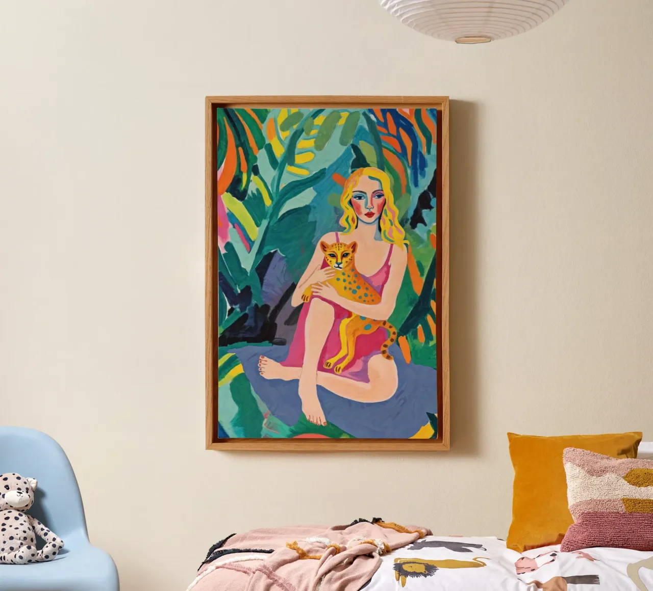 Peinture moderne Pop Art colorée Femme et guépard dans la jungle toile de Hecate Pim Designs