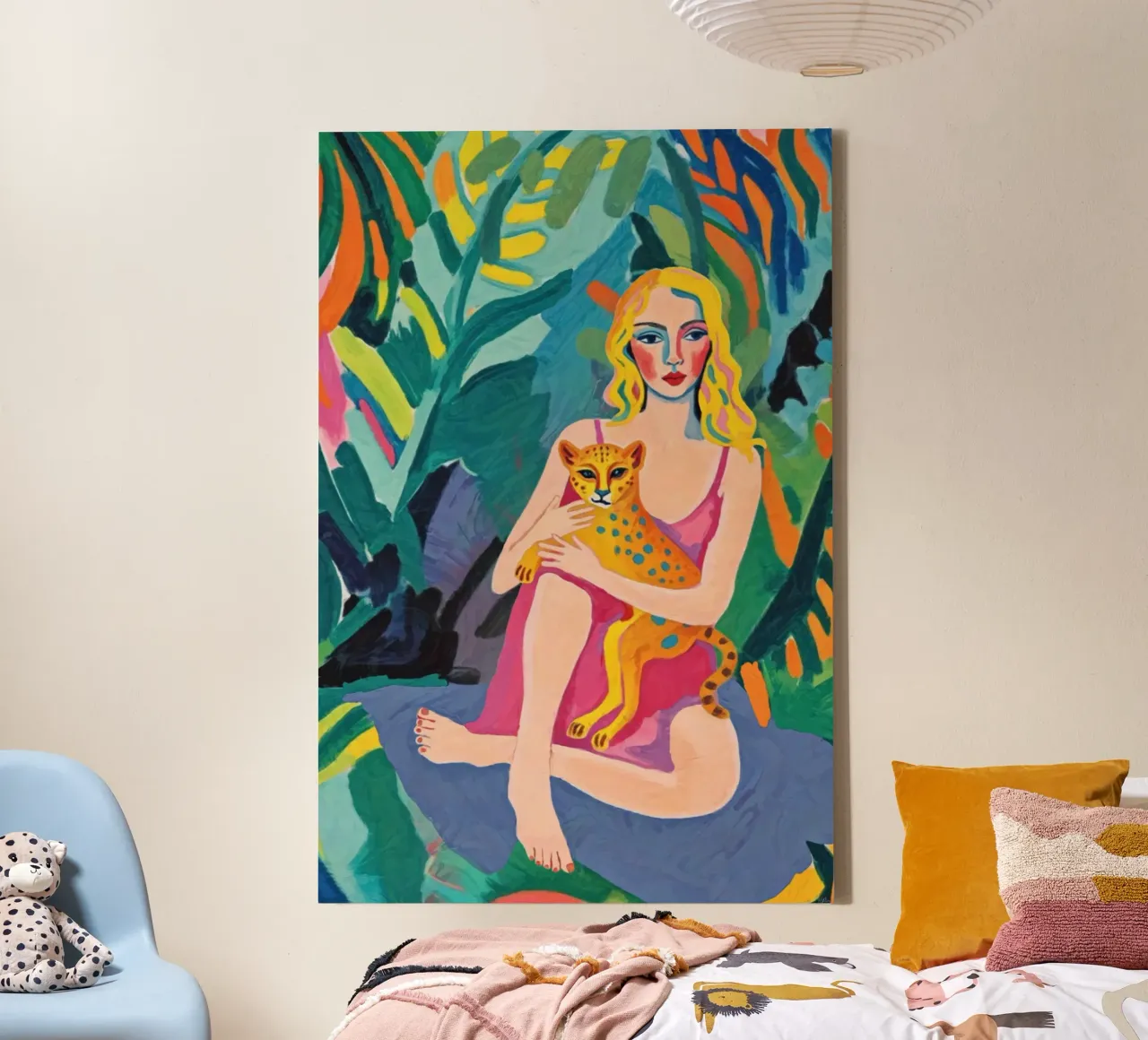 Peinture moderne Pop Art colorée Femme et guépard dans la jungle toile de Hecate Pim Designs
